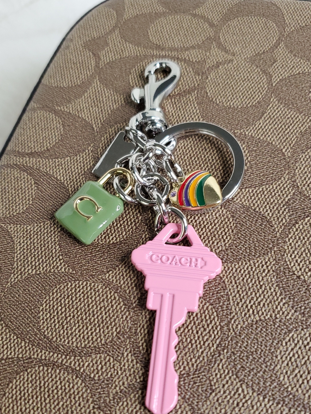 Pink Key Charm Keychain with Multicolor Rainbow Accent